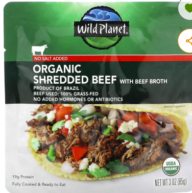 Wild Planet, Organic Shredded Beef with Beef Broth, No Salt Added, (85g pouch)